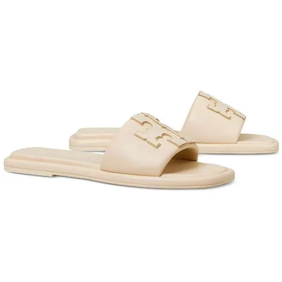 Tory Burch Double T Sport Women's Leather Logo Flat Slide Sandals New