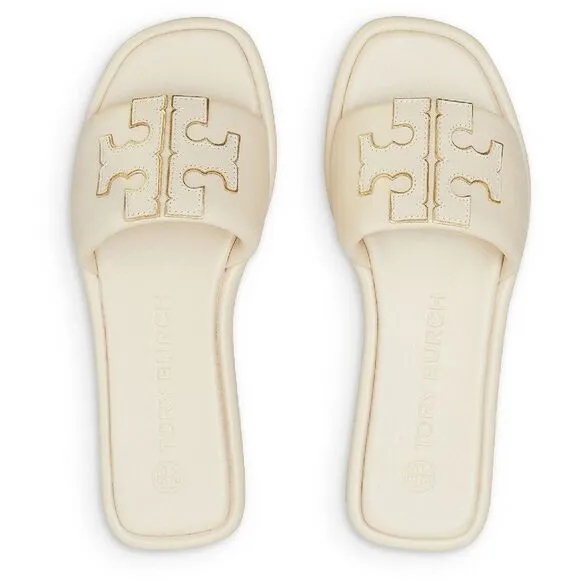 Tory Burch Double T Sport Women's Leather Logo Flat Slide Sandals New