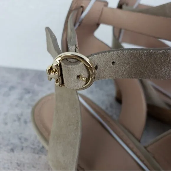 Tory Burch Leather Suede Cork Wedge Sandals Gray size 8.5M Comfort Preppy