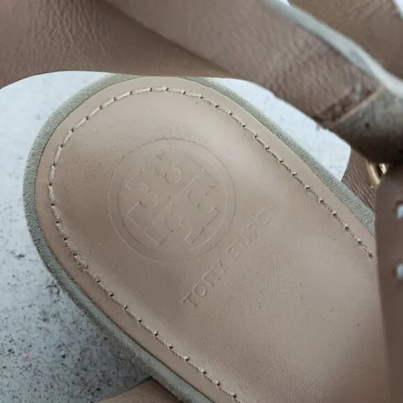 Tory Burch Leather Suede Cork Wedge Sandals Gray size 8.5M Comfort Preppy