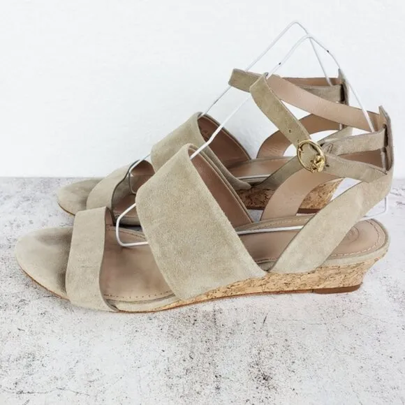 Tory Burch Leather Suede Cork Wedge Sandals Gray size 8.5M Comfort Preppy