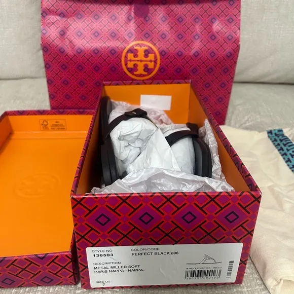 Tory Burch Metal Miller Soft | Black and Gold Sandals with Signature medallion