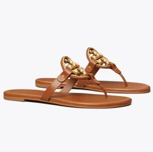Tory Burch Miller Soft Metal Logo Sandal Bourbon Miele Size 10