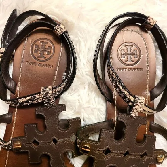 Tory burch Snakeskin Ankle Strap Sandals Brown Size 7