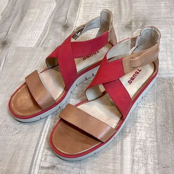 Tsubo orange tan leather elastic strap sandal size 8