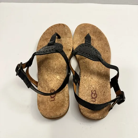 Ugg Ayden II Women Black Leather Cork Memory Foam Sandals Size 10