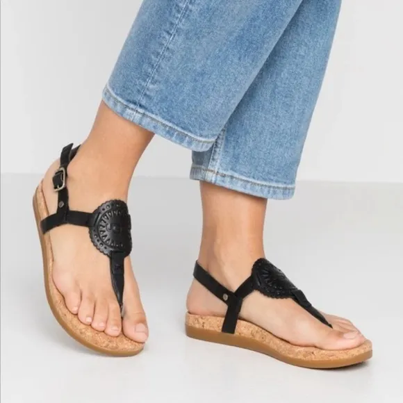 Ugg Ayden II Women Black Leather Cork Memory Foam Sandals Size 10