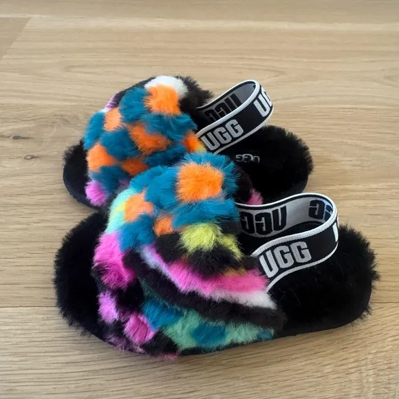 UGG Black and Pink Fluffy Slide Sandals