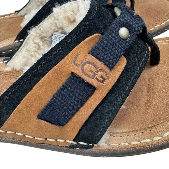 UGG Black and Tan Sandals with T-Strap Design