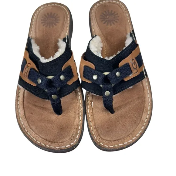 UGG Black and Tan Sandals with T-Strap Design