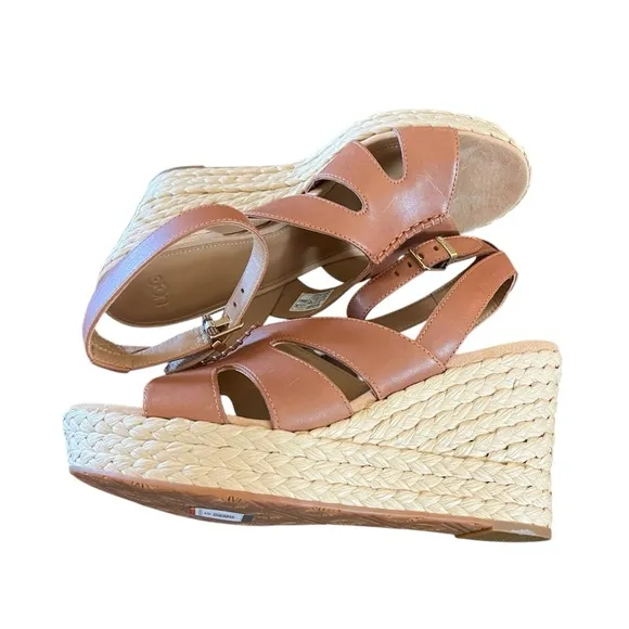 UGG Careena  Leather Ankle-Strap Espadrille Platform Wedge Sandals NEW Size 11
