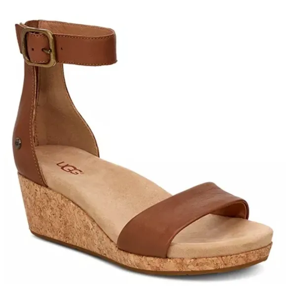 UGG Women's Zoe II Leather Cork Wedge Ankle Strap Sandals size 8.5