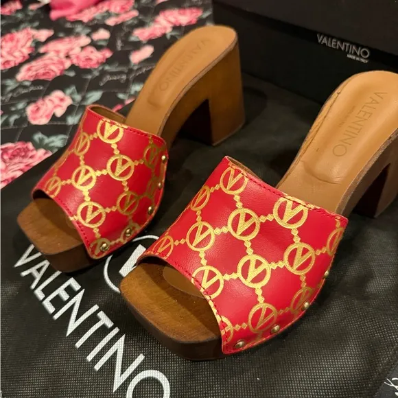 Valentino Gold and Red Sandals with Chunky Heel