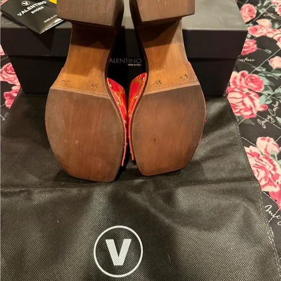 Valentino Gold and Red Sandals with Chunky Heel