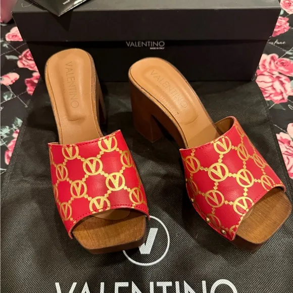 Valentino Gold and Red Sandals with Chunky Heel