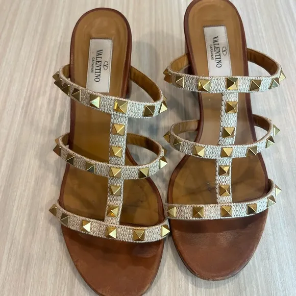 Valentino Rockstud 60mm Gold &amp; Tan Sandals Size 38