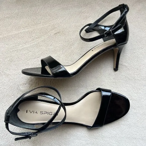 Via Spiga Black Patent Leather Ankle Strap  Heeled Sandals Women 9.5 M Strappy
