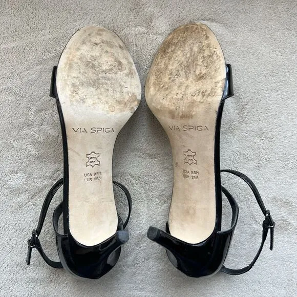 Via Spiga Black Patent Leather Ankle Strap  Heeled Sandals Women 9.5 M Strappy