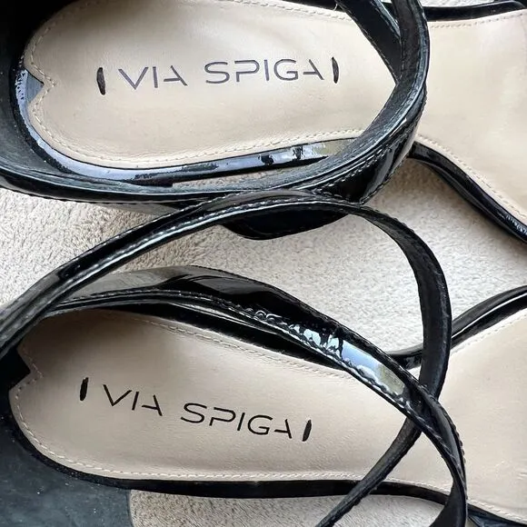 Via Spiga Black Patent Leather Ankle Strap  Heeled Sandals Women 9.5 M Strappy