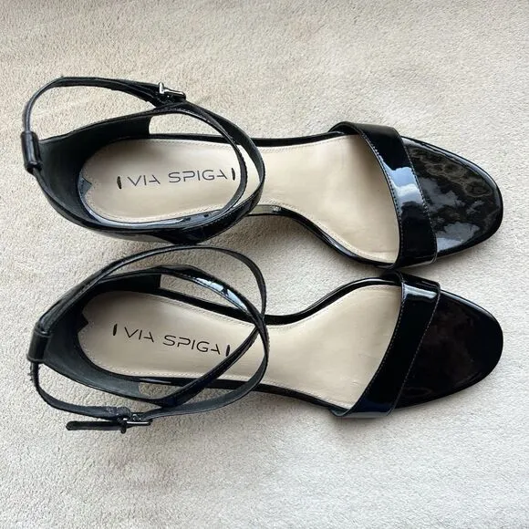 Via Spiga Black Patent Leather Ankle Strap  Heeled Sandals Women 9.5 M Strappy