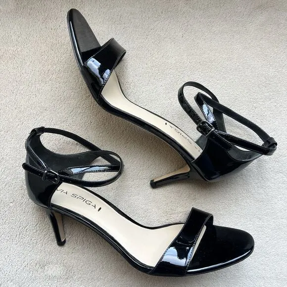 Via Spiga Black Patent Leather Ankle Strap  Heeled Sandals Women 9.5 M Strappy