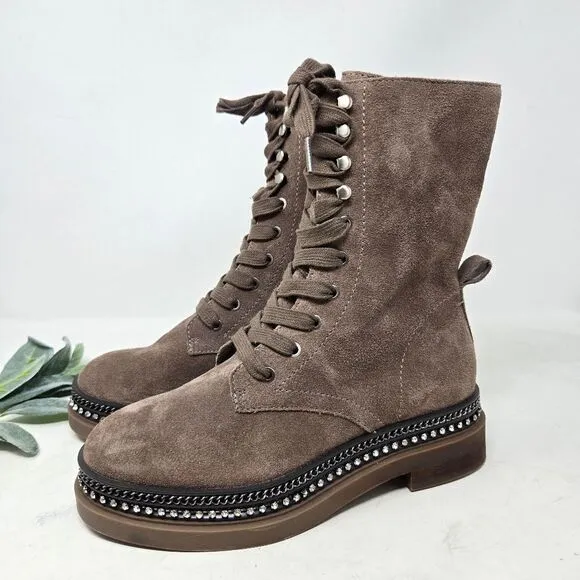 VINCE CAMUTO Branda Tan Suede Moto Combat Boots Chain Rhinestone 6.5 US | 37 EU