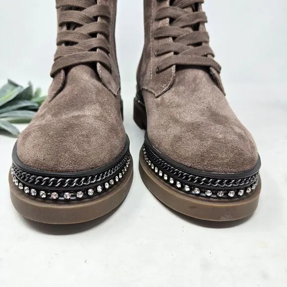 VINCE CAMUTO Branda Tan Suede Moto Combat Boots Chain Rhinestone 6.5 US | 37 EU