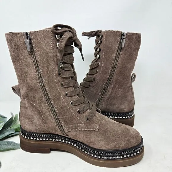 VINCE CAMUTO Branda Tan Suede Moto Combat Boots Chain Rhinestone 6.5 US | 37 EU