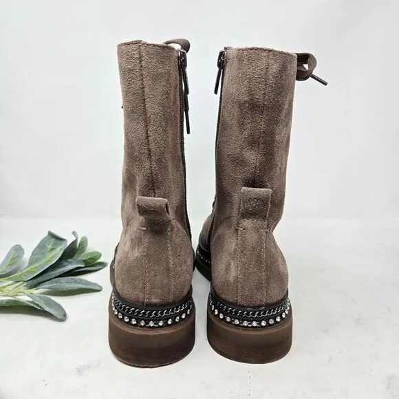 VINCE CAMUTO Branda Tan Suede Moto Combat Boots Chain Rhinestone 6.5 US | 37 EU