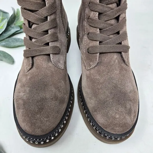 VINCE CAMUTO Branda Tan Suede Moto Combat Boots Chain Rhinestone 6.5 US | 37 EU