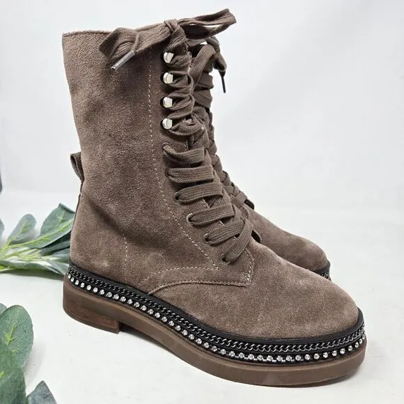 VINCE CAMUTO Branda Tan Suede Moto Combat Boots Chain Rhinestone 6.5 US | 37 EU