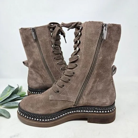 VINCE CAMUTO Branda Tan Suede Moto Combat Boots Chain Rhinestone 6.5 US | 37 EU