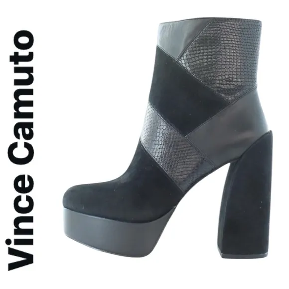 VINCE CAMUTO GILISAMA BLACK SUEDE PATCHWORK BLOCK HEEL PLATFORM ANKLE BOOTS NWOT