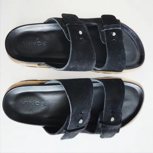 Vince Suede Leather Black Slip-On 2 Strap Adjustable Platform Sandals, Size 10