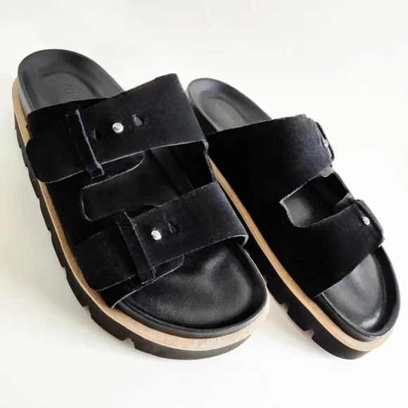 Vince Suede Leather Black Slip-On 2 Strap Adjustable Platform Sandals, Size 10