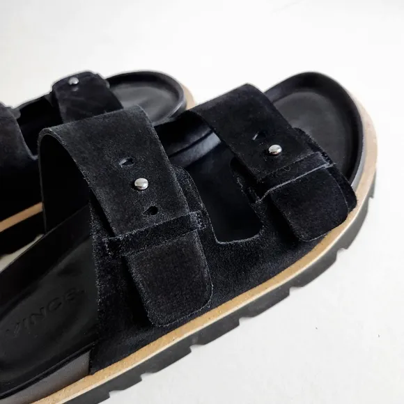 Vince Suede Leather Black Slip-On 2 Strap Adjustable Platform Sandals, Size 10