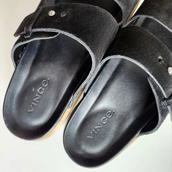 Vince Suede Leather Black Slip-On 2 Strap Adjustable Platform Sandals, Size 10