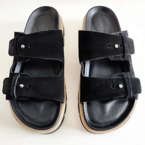 Vince Suede Leather Black Slip-On 2 Strap Adjustable Platform Sandals, Size 10
