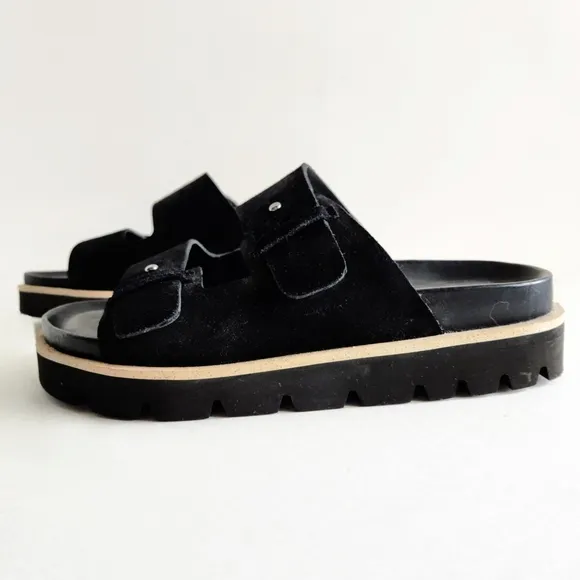 Vince Suede Leather Black Slip-On 2 Strap Adjustable Platform Sandals, Size 10