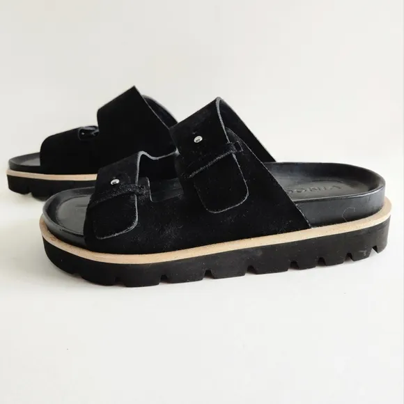 Vince Suede Leather Black Slip-On 2 Strap Adjustable Platform Sandals, Size 10