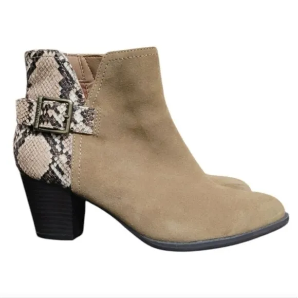 Vionic Naomi Tan Suede Snake Print Ankle Boots