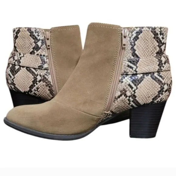 Vionic Naomi Tan Suede Snake Print Ankle Boots