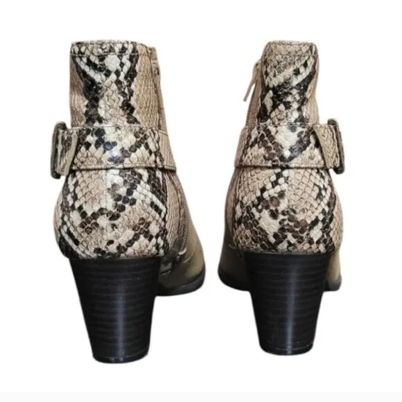 Vionic Naomi Tan Suede Snake Print Ankle Boots