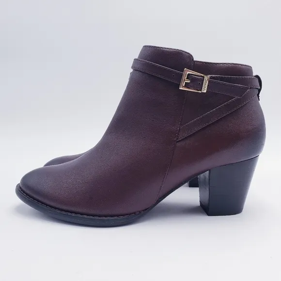 Vionic Womens 7 Upton Leather Ankle Boots Java Brown Block Heel Comfort Bootie
