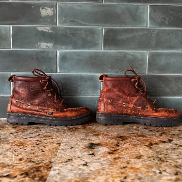 Vtg Justin Leather Chelsea Boots Womens Size 7M Brown Lace Up Ankle Distressed