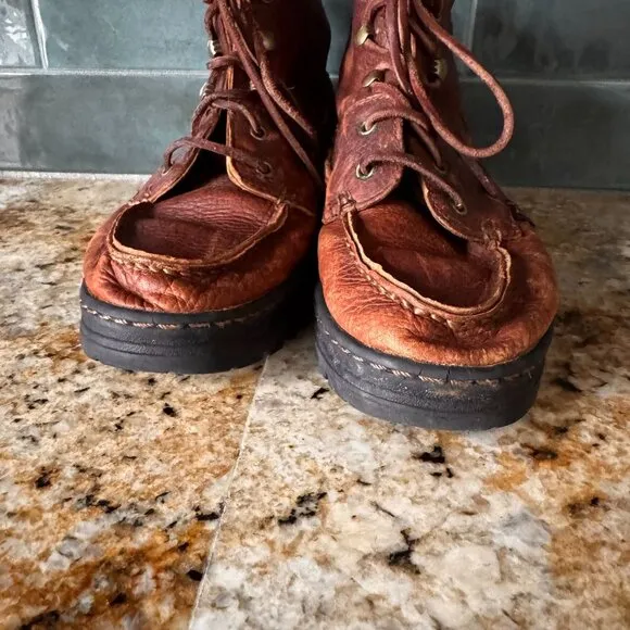Vtg Justin Leather Chelsea Boots Womens Size 7M Brown Lace Up Ankle Distressed