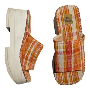 Vtg Y2K Blue Asphalt Orange Plaid Mesh Foam Platform Sole Slide Sandals Sz 8