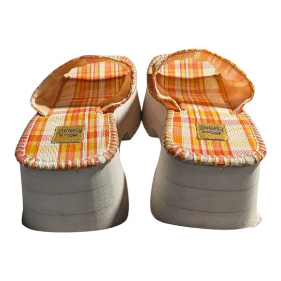 Vtg Y2K Blue Asphalt Orange Plaid Mesh Foam Platform Sole Slide Sandals Sz 8