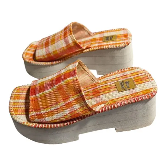 Vtg Y2K Blue Asphalt Orange Plaid Mesh Foam Platform Sole Slide Sandals Sz 8