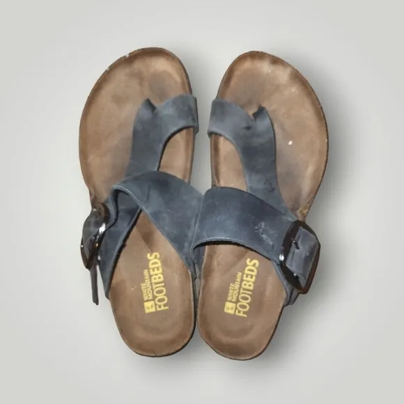White Mountain Footbeds Sandals Women's 8 Black Buckle  Leather Cork